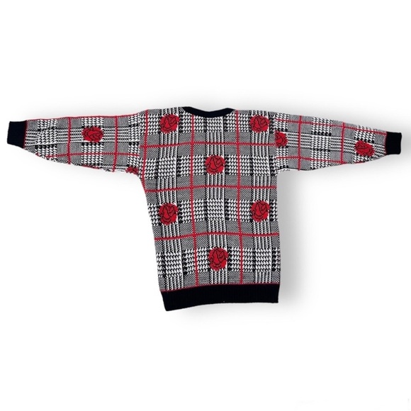 Vintage 80s Rose Plaid Floral Sweater Women’s Size XS Black Red Houndstooth - Picture 2 of 15